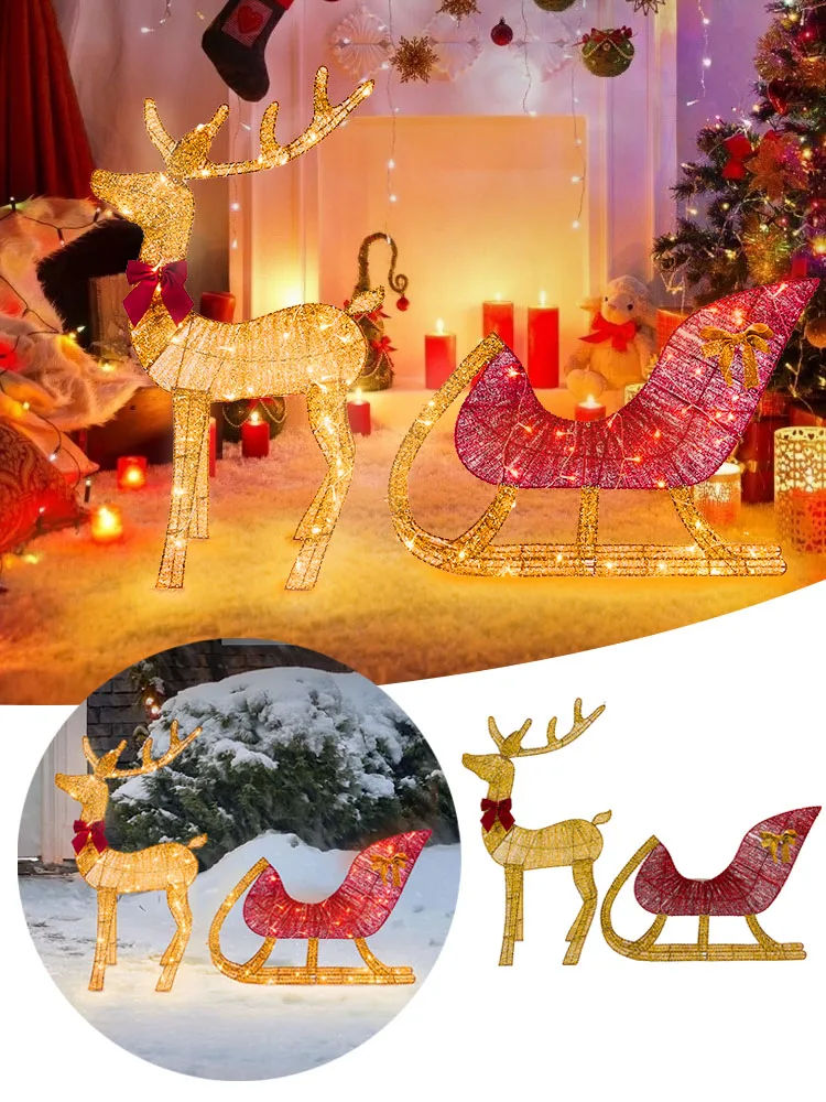 

Lighted Deer Reindeer Family Lighted Deer Christmas Decoration With LED Lights Reindeer And Sleigh Indoor Outdoor Yard Ornament