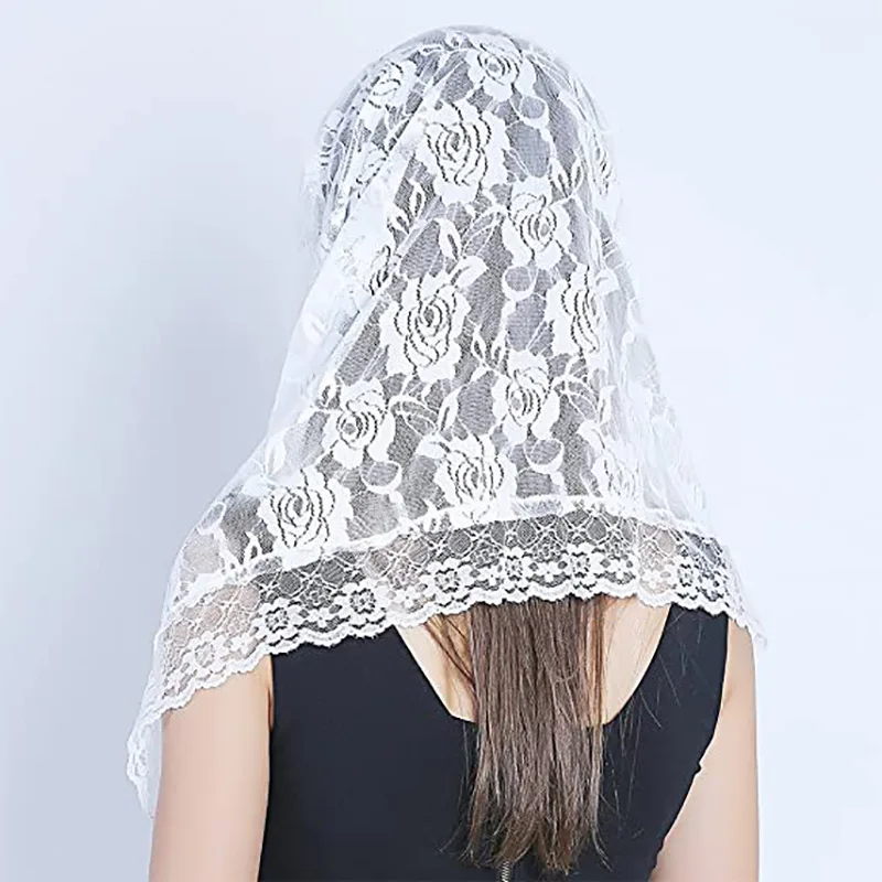 Cobertura de Cabeça Floral Elegante para Mulheres, Véu de Igreja Mantilla, Véus de Massa Latina, Véus Católicos, Véus Nupciais