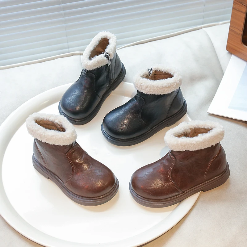 

Kids Short Boots Suede Warm Soft Sole Girls Princess Shoes Side Zip 2025 Winter New Fashion Children Ankle Boot Non-slip
