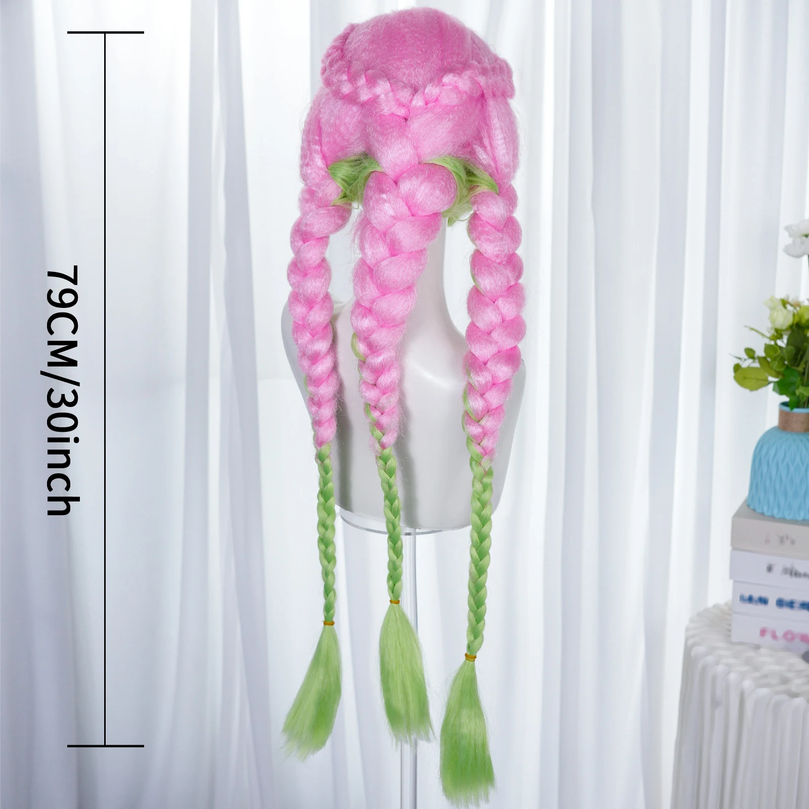 Synthetic fiber hair, bangs, costume wigs, pink and green woven anime wigs, suitable for women's carnival anime parties - view 2