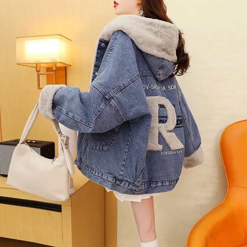 Down Cotton 2023 Thicken Denim Jacket Fashion Hooded Single-breasted Warm Letter Print Outwear New Autumn Winter Loose Clothes