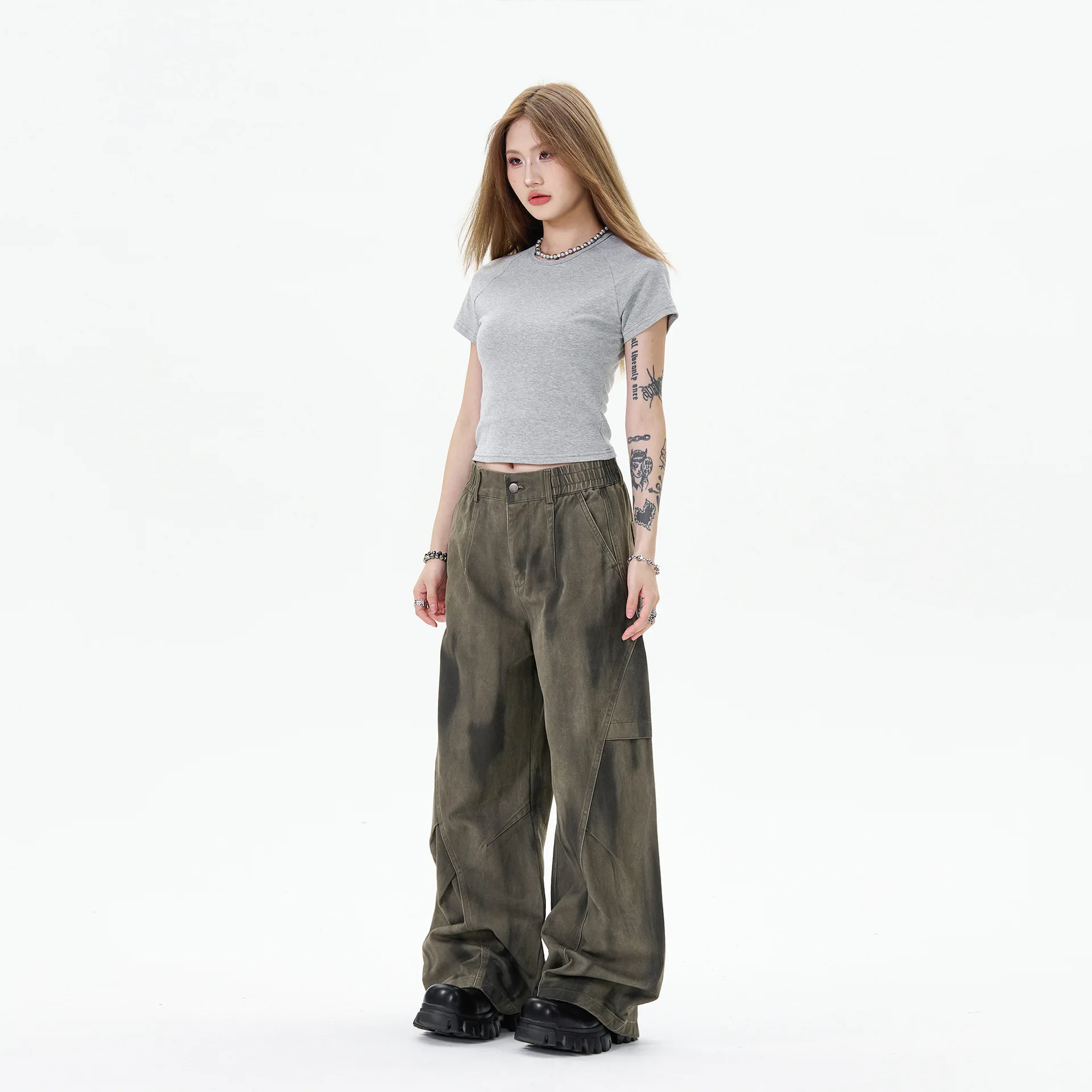 OR FL Tie-dye Gradient Curved Knife 100 Cotton Women Cargo Trousers Trendy Brand Pleated Wide Leg Leisure Staraight Pants Y2k