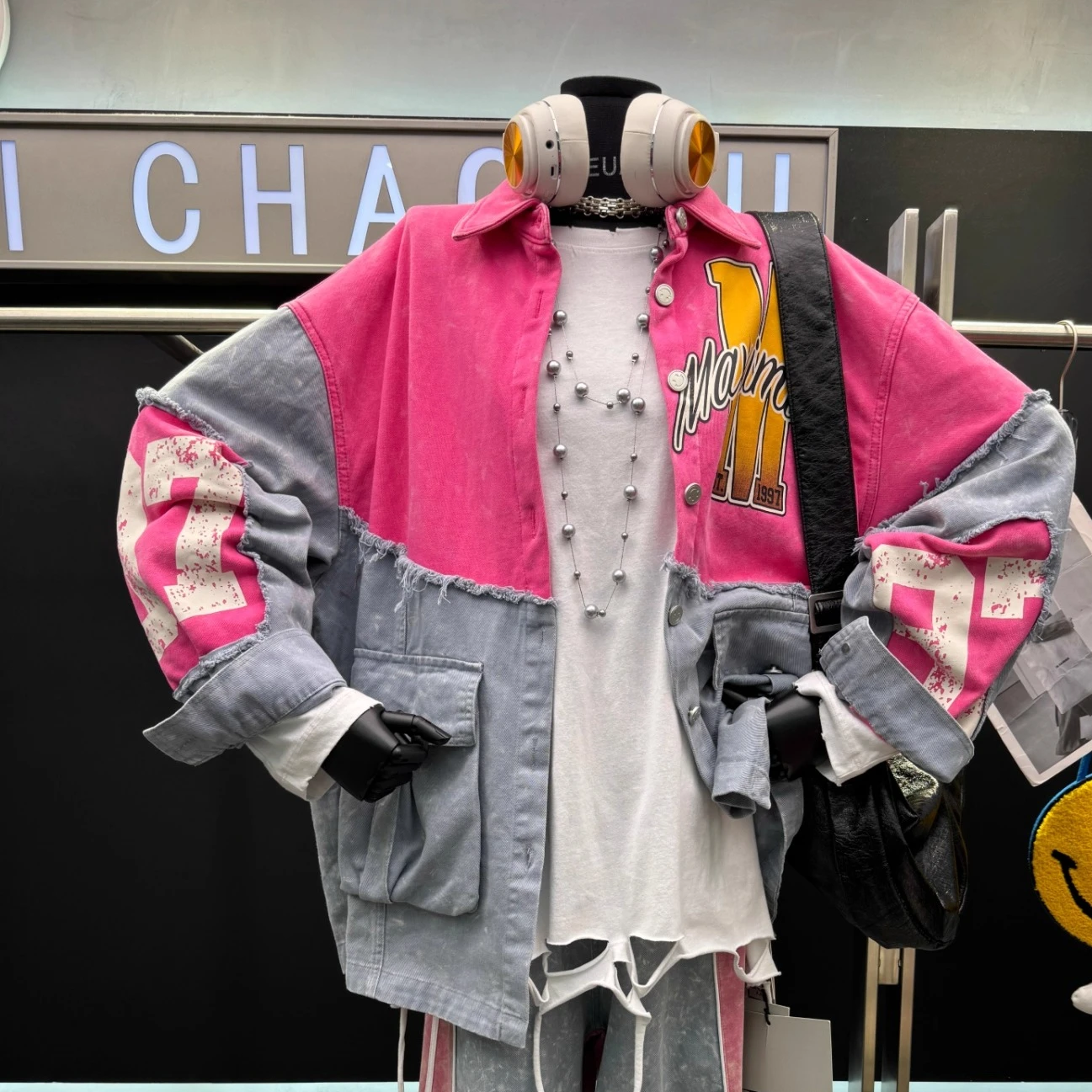 European Style Printed Pocket Long Sleeve Denim Shirt for Women 2025 Autumn New American Retro Color Block Loose Button Jacket