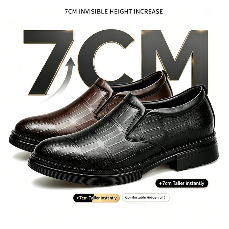 7CM Hidden Insole Height Increase Men Leather Shoes Slip On Business Formal Dress Wedding Loafers Elevator Shoes