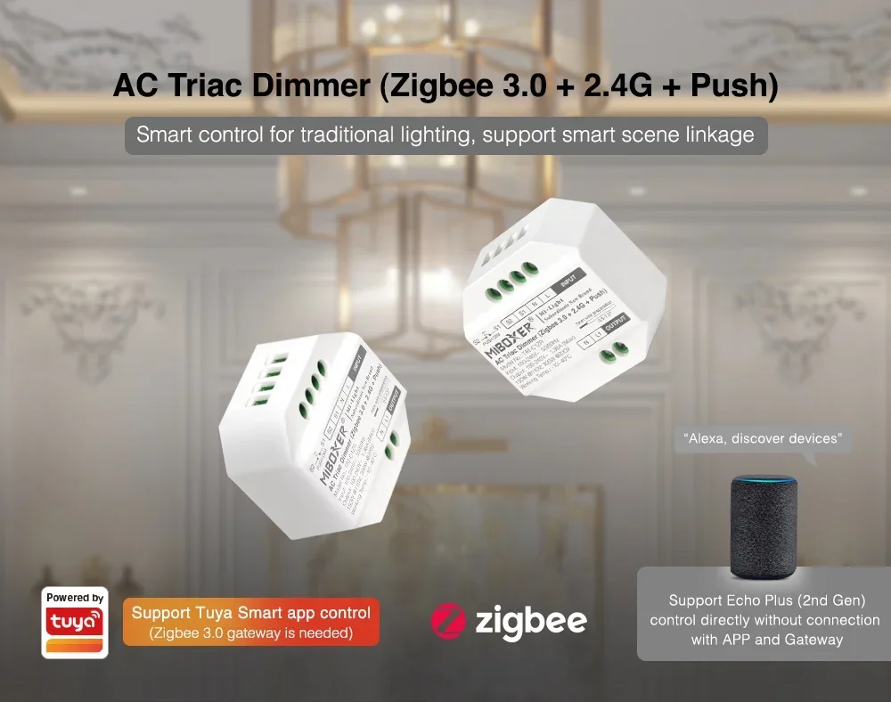 MiBoxer (ZigBee 3.0+2.4G) AC Triac Dimmer Push Switch RF Push Dimmer 110-240V TUYA App /Voice /Remote Control/ZB-BOX3