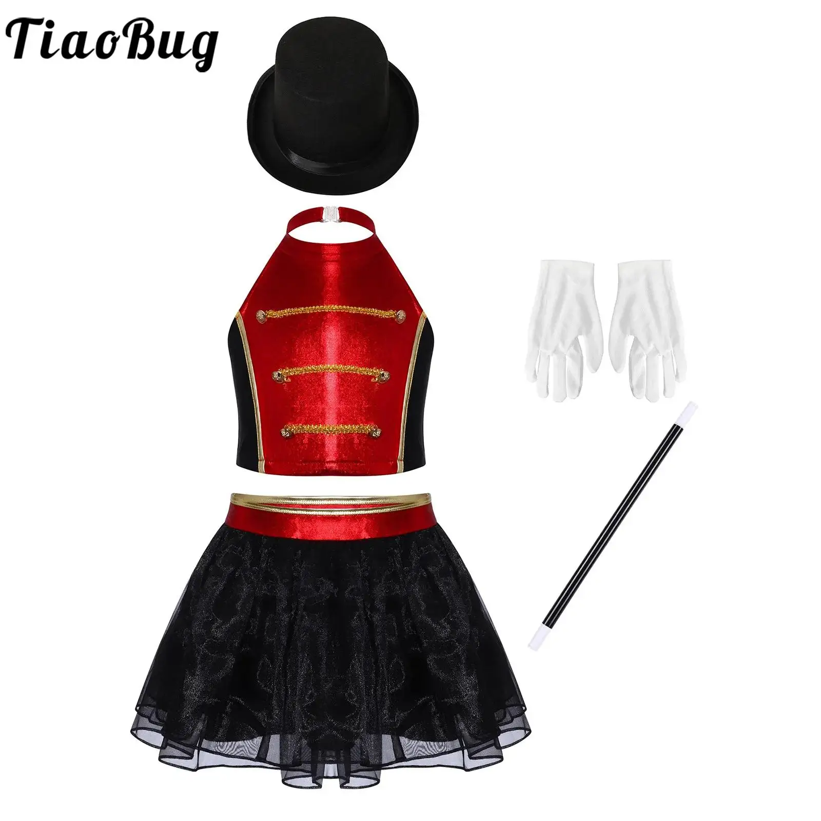 

Kids Girls Circus Ringmaster Costume Halloween Dress Up Outfit Vest and Built-In Briefs Mesh Skirt Matched Hat Magic Wand Gloves