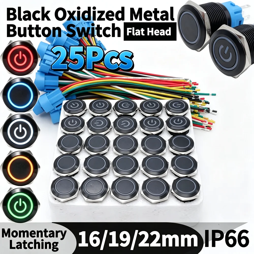 25-pezzi-pulsanti-in-metallo-nero-ossidato-16-19-22mm-interruttore-momentaneo-a-testa-piatta-ip66-impermeabile-5v-12v-220v-per-macchine-automatiche