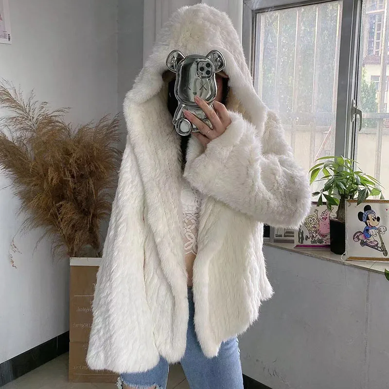 2023 Spring Knitted Real Rabbit Fur Coat With Hood Casual Loose Genuine Fur Hooded Jacket Female Outwear Ladies Natural Fur coat