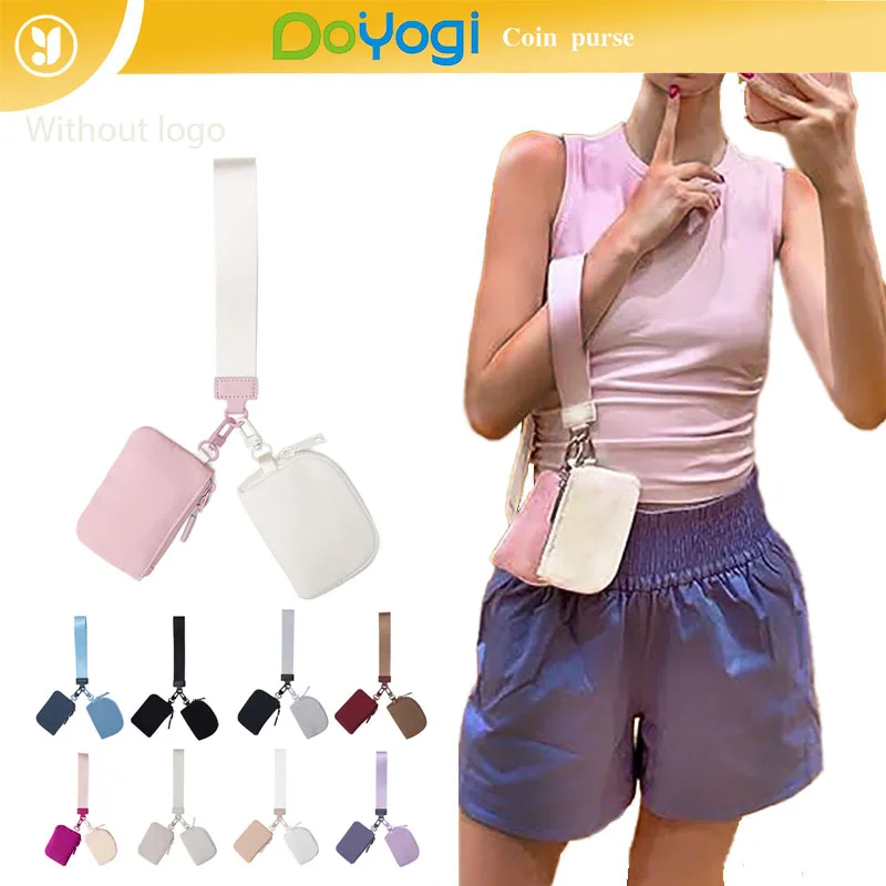 Mini Dual Coin Pouch Solid Color Wristlet Keychain Wallet Change Pocket Handbag lulu Coin Purse Women Portable  Key Card Holder