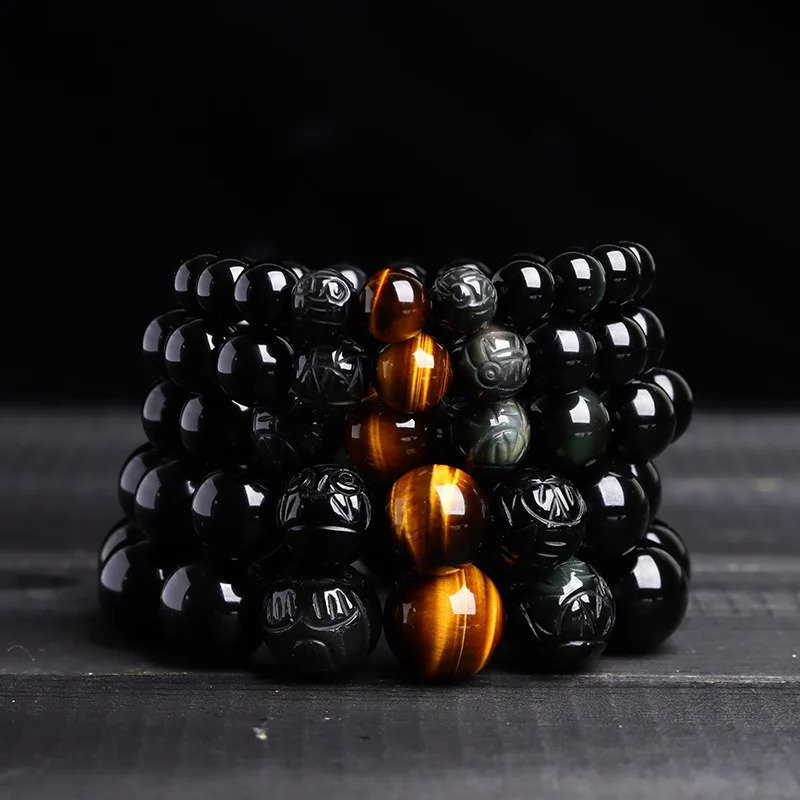 NaturalObsidian Swallowing GoldDouble Color Tigereye Buddha Beads Men and Women Bracelet