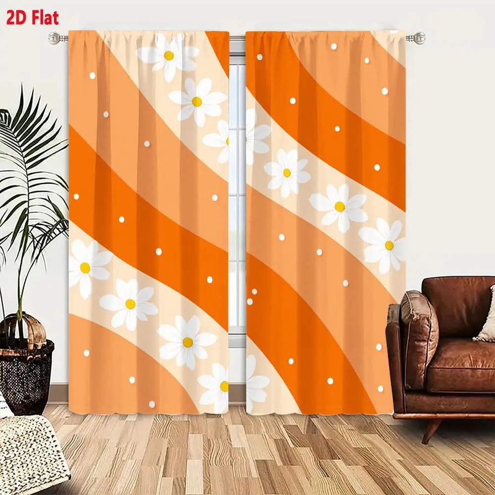 2Pcs Curtains 2D Flat Retro 1970s Orange Peach Wavy Pattern With White Daisies And Dots Window Drapes for Bedroom Room Decor Dec
