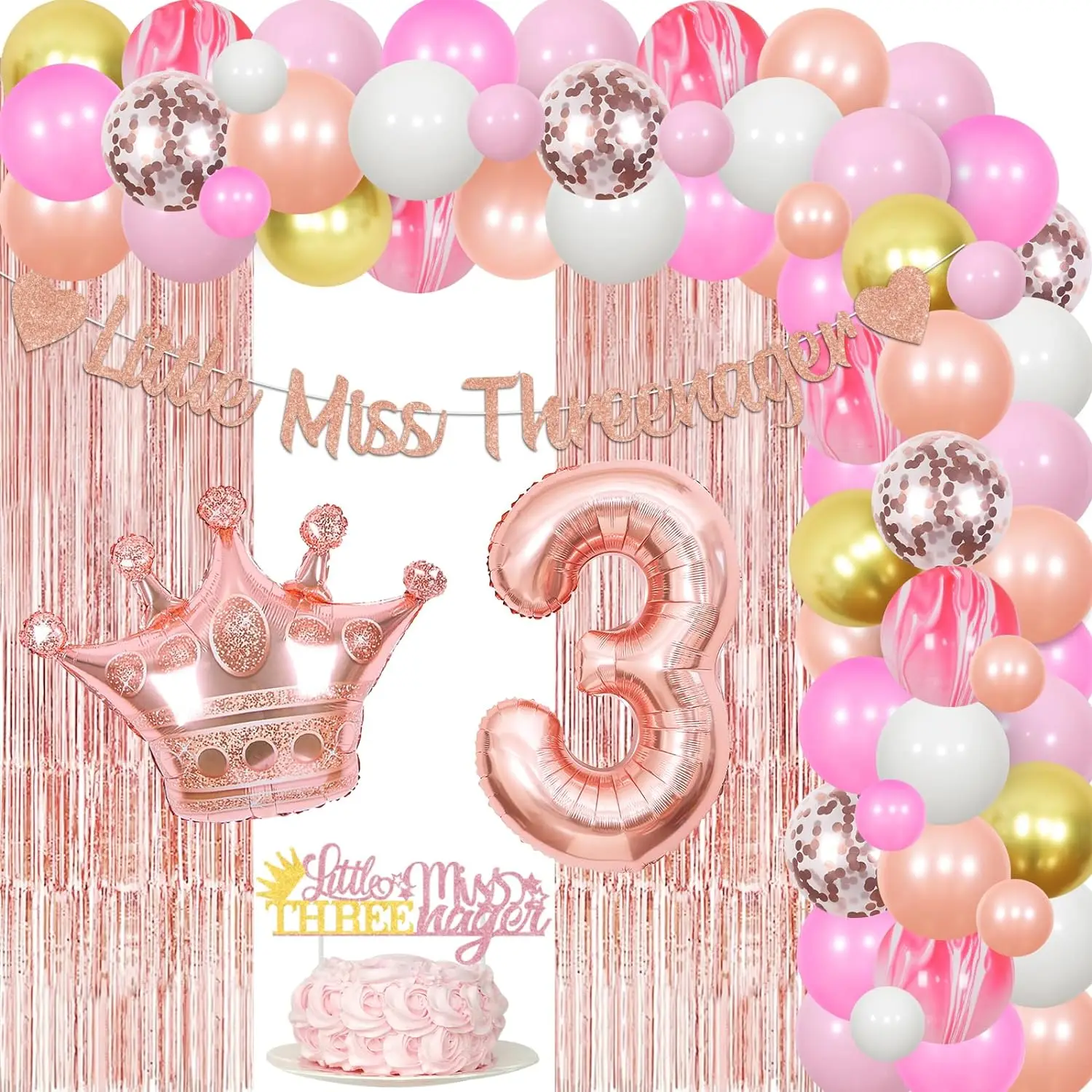 

Miss Threenager 3rd Birthday Party Decorations for Girl Crown Balloon Garland Arch Kit with Banner Cake Topper Rose Gold Curtain