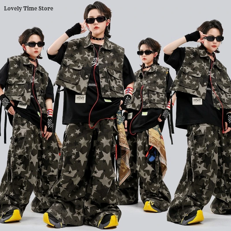 Boys Streetwear Girls Hip Hop Camouflage Vest Cargo Pants Children Military Jazz Clothes Sets Kids Street Dance Costumes Outfits