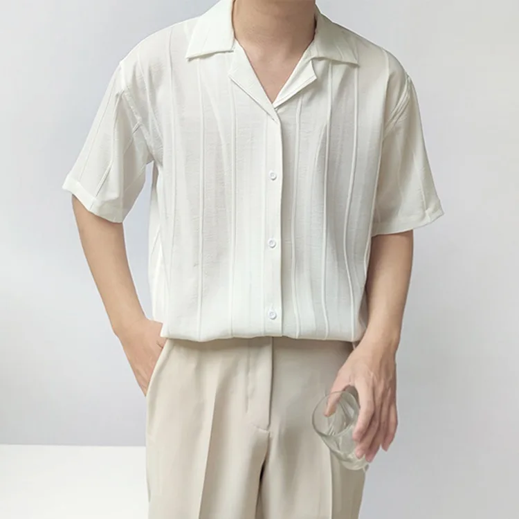 

2025 New Fashion Summer Men's White Solid Color Striped Short Sleeve Cuban Collar Casual Trendy Shirts Male Clothes Loose Tops