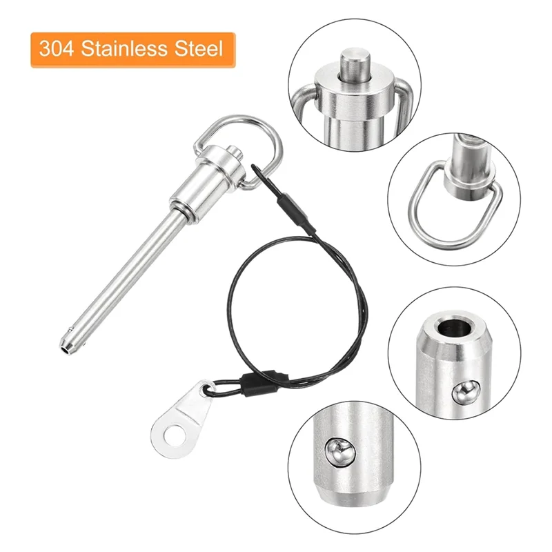 RMWIN-Stainless Steel Ring Handle Locking Pins(2 Pieces), 6X50mm(Dia. X L), Quick Release Push-Button Ball Design With Wire Incl