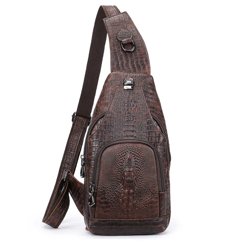 Crocodile Genuine Leather Men\'s Sling Bag Crossbody Backpack Mens Shoulder Chest Pack Daypack Cross Body Messenger Bags for Man