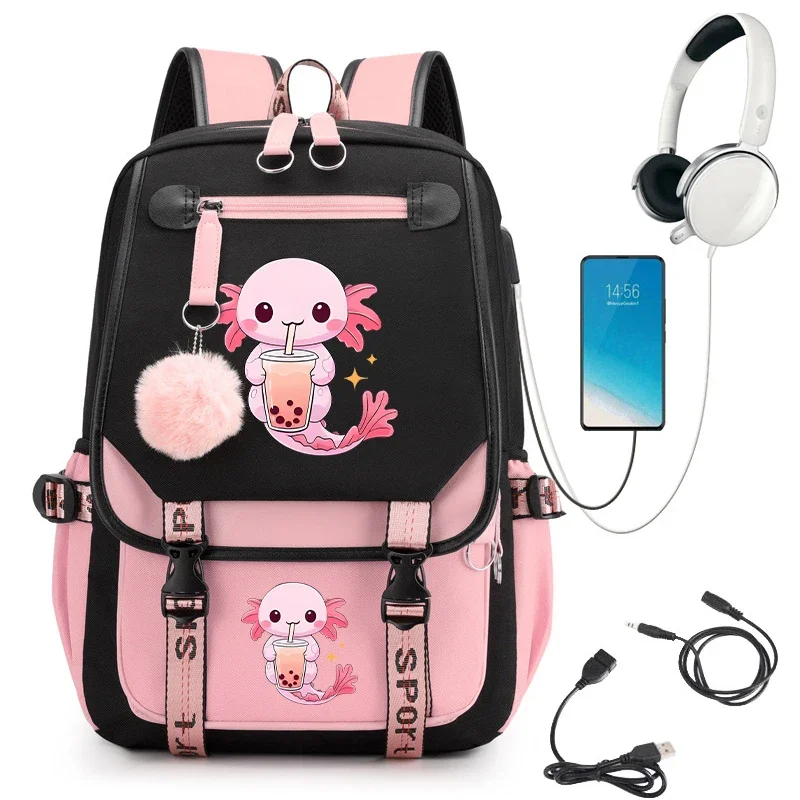 Mochila Boba Axolotl Bubble Tea Anime para niñas, bolsas escolares de dibujos animados para estudiantes, adolescentes, mochila para portátil, bolsas de viaje