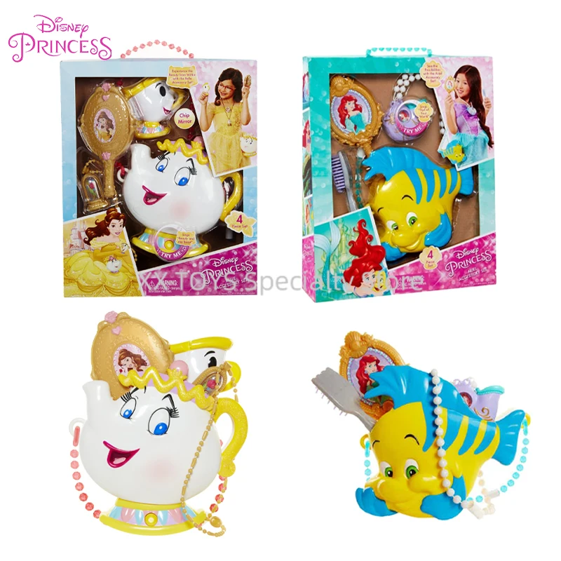 

Disney Princess Belle Ariel Accessory Set Singing Jewelry Accessories Teapot Bag Rose Necklace Mirror Set Girls Role Play Toys