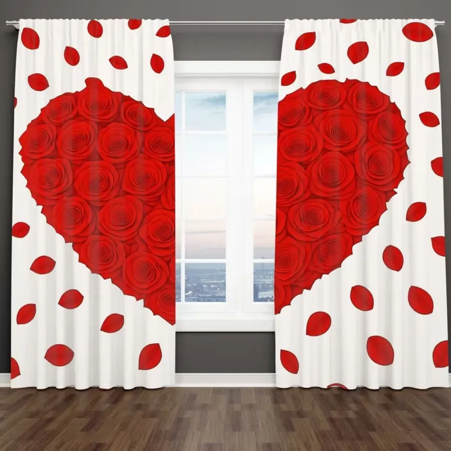 2 PCS Heart Rose Petals Curtains, Romantic Gentle Style Window Drapes for Living Room Bedroom Home Decor Polyester Rod Pocket