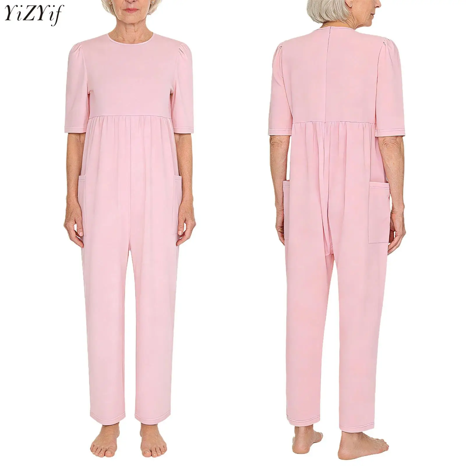 

Женский комбинезон для пожилых людей с особыми потребностями, адаптивная одежда, не распускающийся комбинезон с коротким рукавом, боковыми карманами и длинными штанинами, для ухода за больными