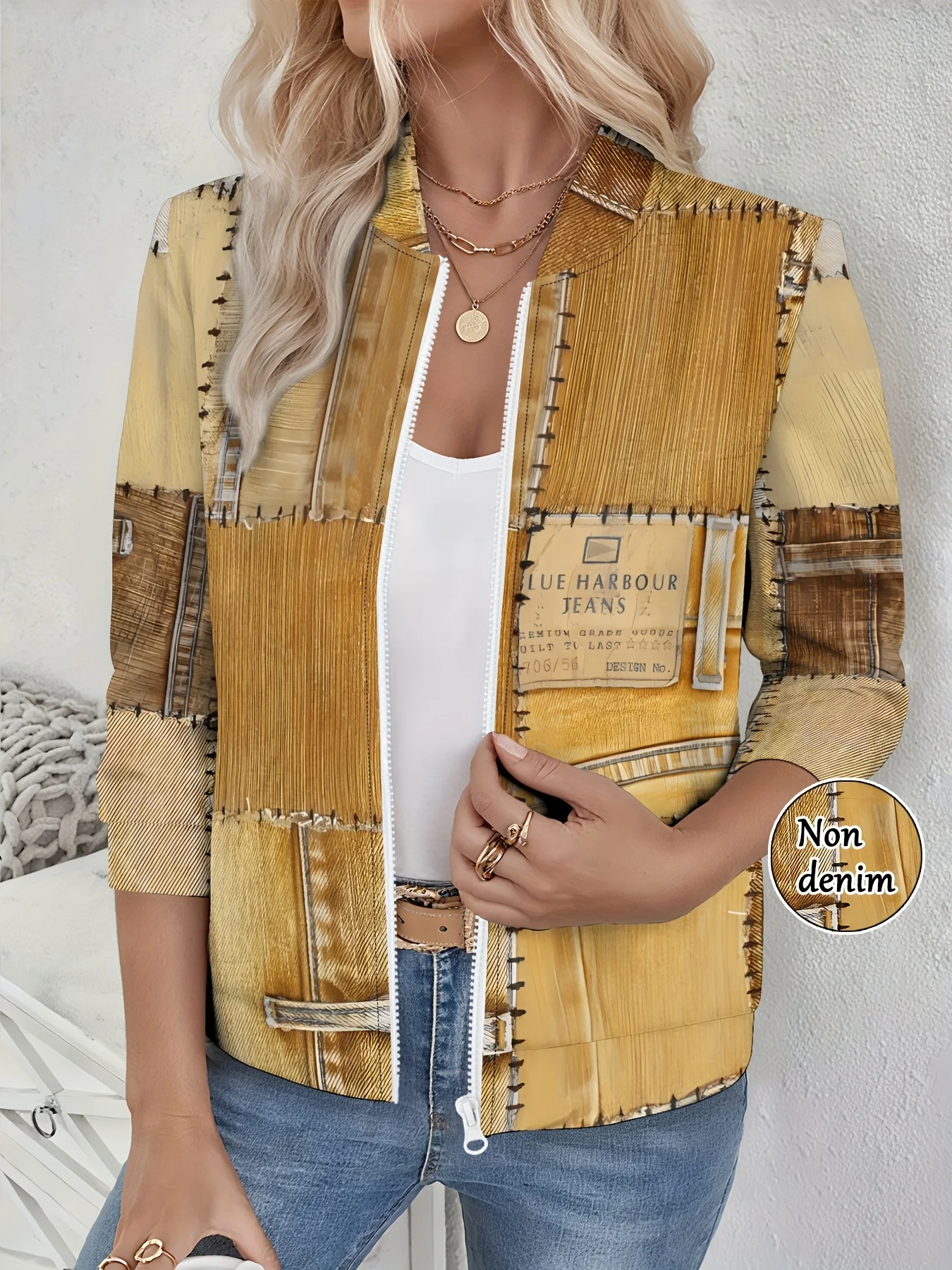 2025 Fashion Women's Faux Denim Jacket, Elegant Patchwork Print, Casual Party Wear, Vintage Inspired Design Not Denim