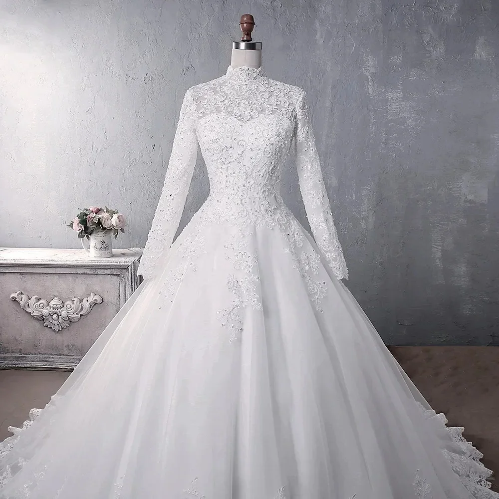 Vestido de casamento muçulmano 2025 elegante pescoço alto com trem princesa vestido de noiva de luxo vestido de casamento de renda personalizado