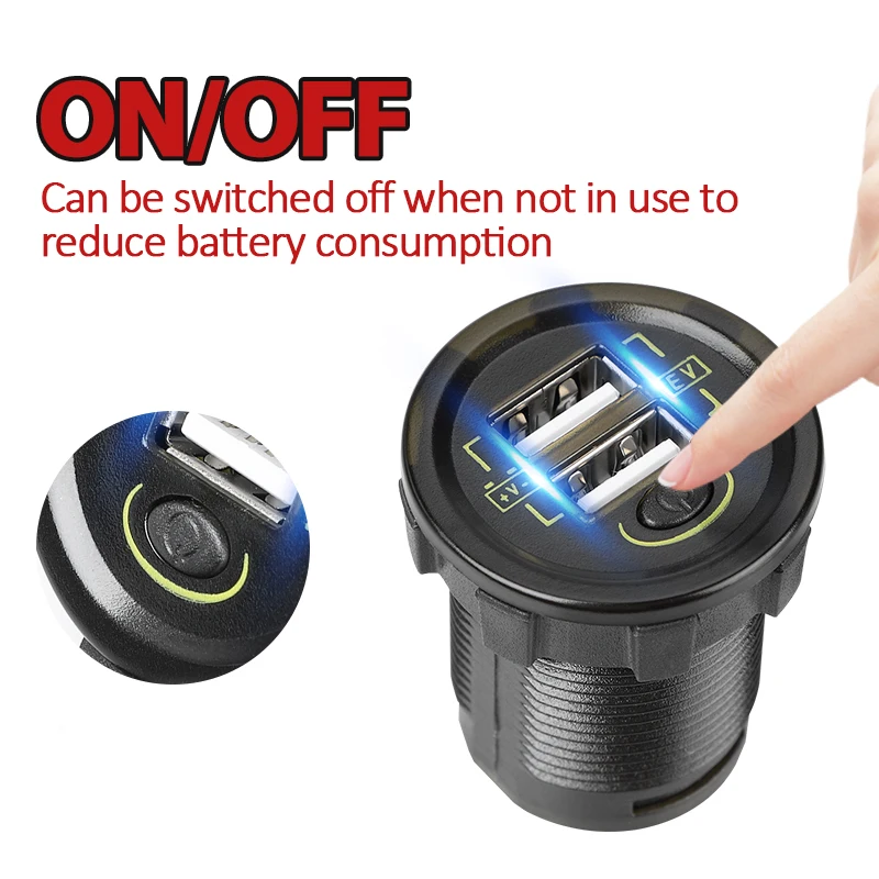 48V/60V/72V/100V Dual USB Quick Charge Socket Outlet Waterproof DC 36V to 108V Electric Car USB Charger with Switch