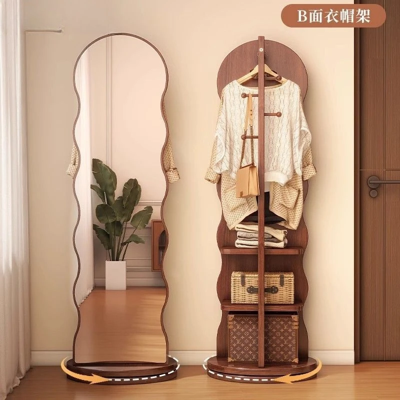 Household fitting with coat rack, large mirror, wave rotating full-body mirror, floor mirror, bedroom integrated full-length