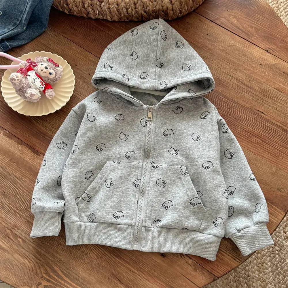 

2025 Autumn Children's Clothing Baby Girls Sanrio Hello Kitty Print Zipper Hooded Sweatshirt Jacket Kids Long Sleeved Outerwear