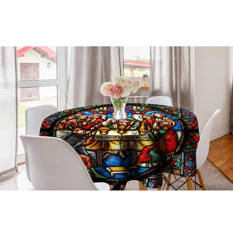 Stained Glass Art Last Supper Jesus And The Apostles Religious Style Round Tablecloth By Ho Me Lili For Tabletop Decor