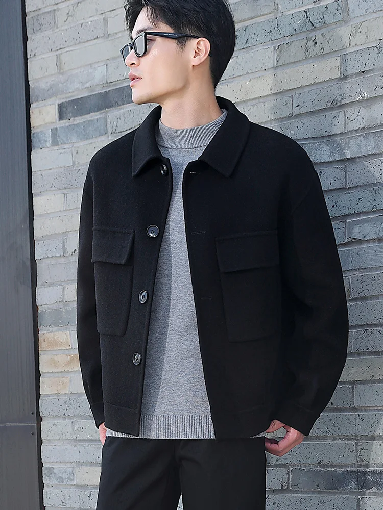 

2024 Autumn and Winter Men's Double-Sided Woolen Coat Loose Jacket Collar Short Style Young Man Cashmere Coat Top Tidal Current