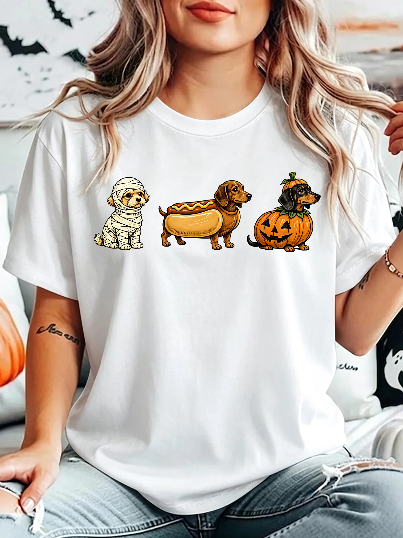 Halloween Mummy Hot Dog Dachshund Womens Crew Neck Short Sleeve T Shirt Funny Pumpkin Dog Casual Graphic Tees For Ladies