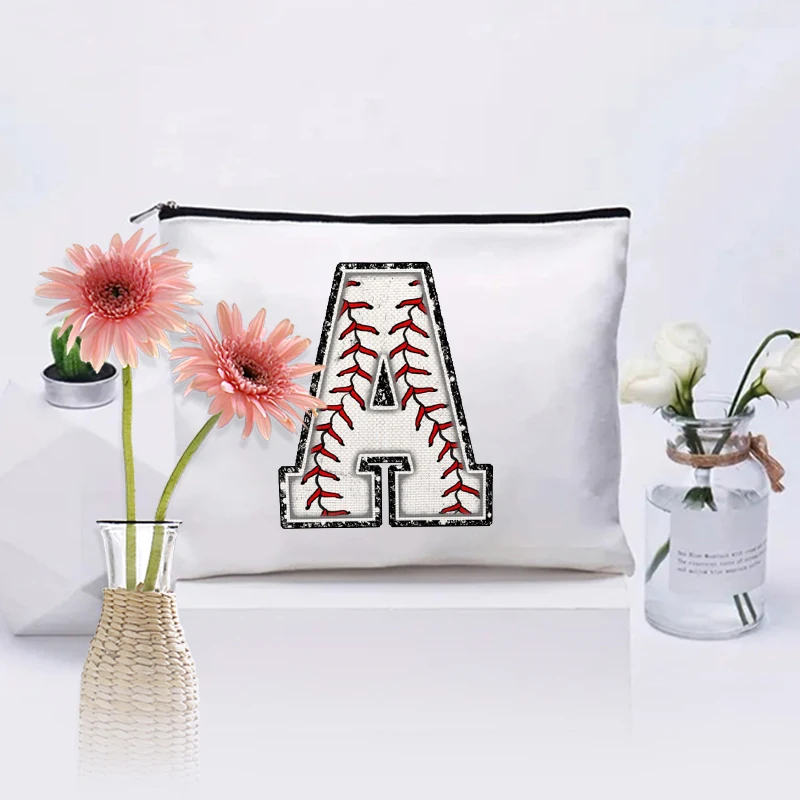 Baseball Initial Makeup Bag Monogrammed Cosmetic Bag Letter A Baseball Gifts for Girls Women Baseball Player Coach Friend