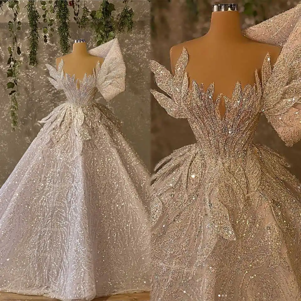 

Unique A Line Wedding Dresses Sequins Lace Beads Bridal Gowns Elegant Beach Backless Bride Dress Customized