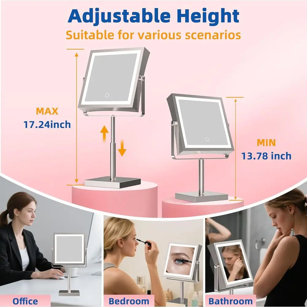 مرآة زينة LED قابلة للتعديل مع بطارية 4000 مللي أمبير في الساعة، تكبير 1X/10X، 3 خيارات إضاءة ألوان، قابلة للإمالة، 360 درجة ° دوران، #6