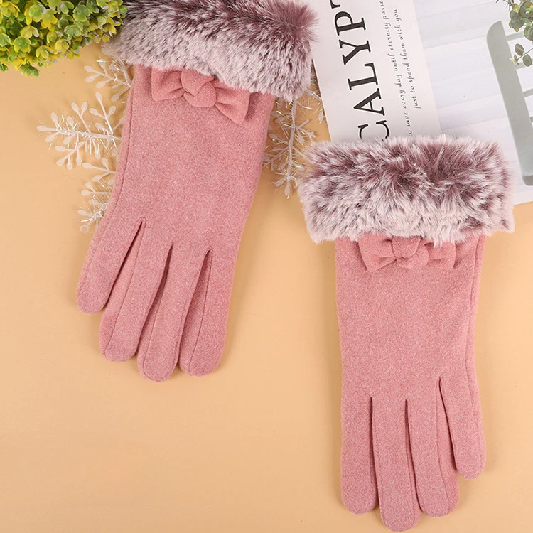 Winter Women's Ladies Warm Gloves Suede Cute Fur Mouth Puff Thickened Cold-proof Touch Screen Gloves