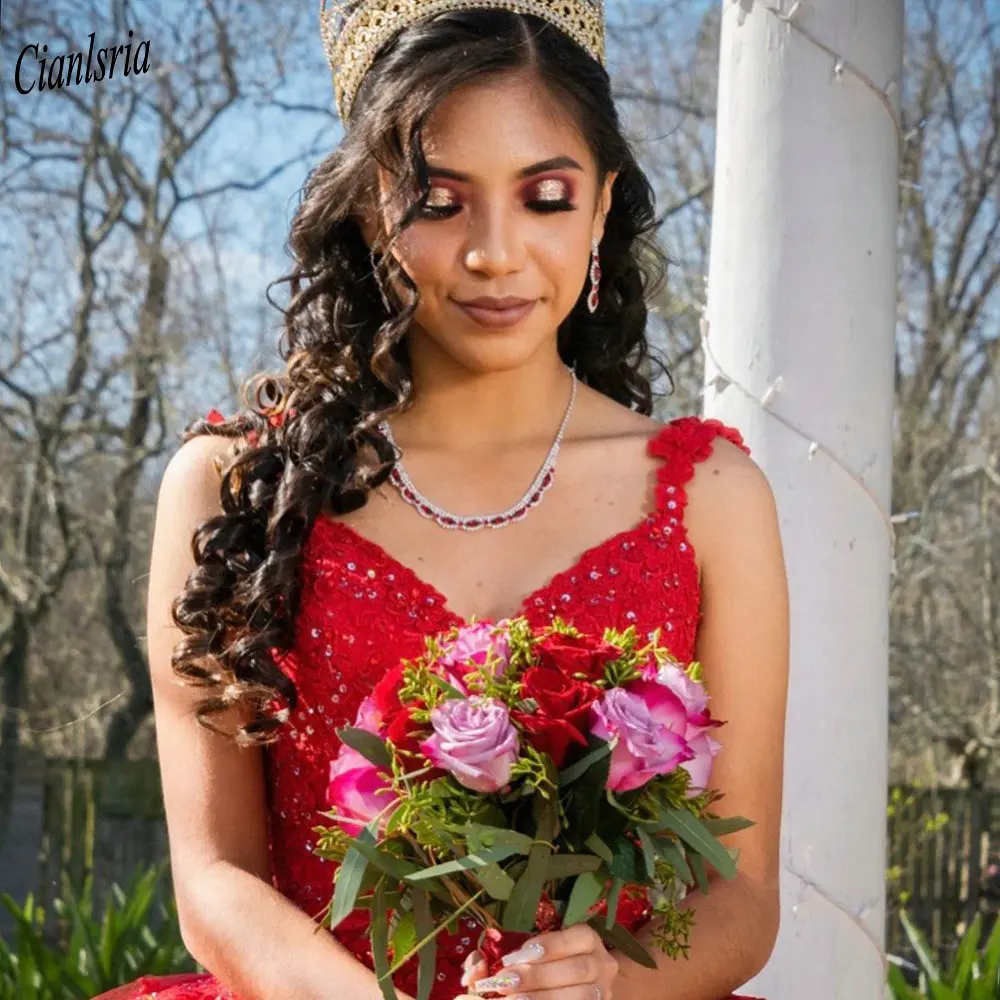 Vestido de fiesta de quinceañera hecho a mano, rojo, escote corazón, con tirantes finos, con cuentas, apliques de flores, 15