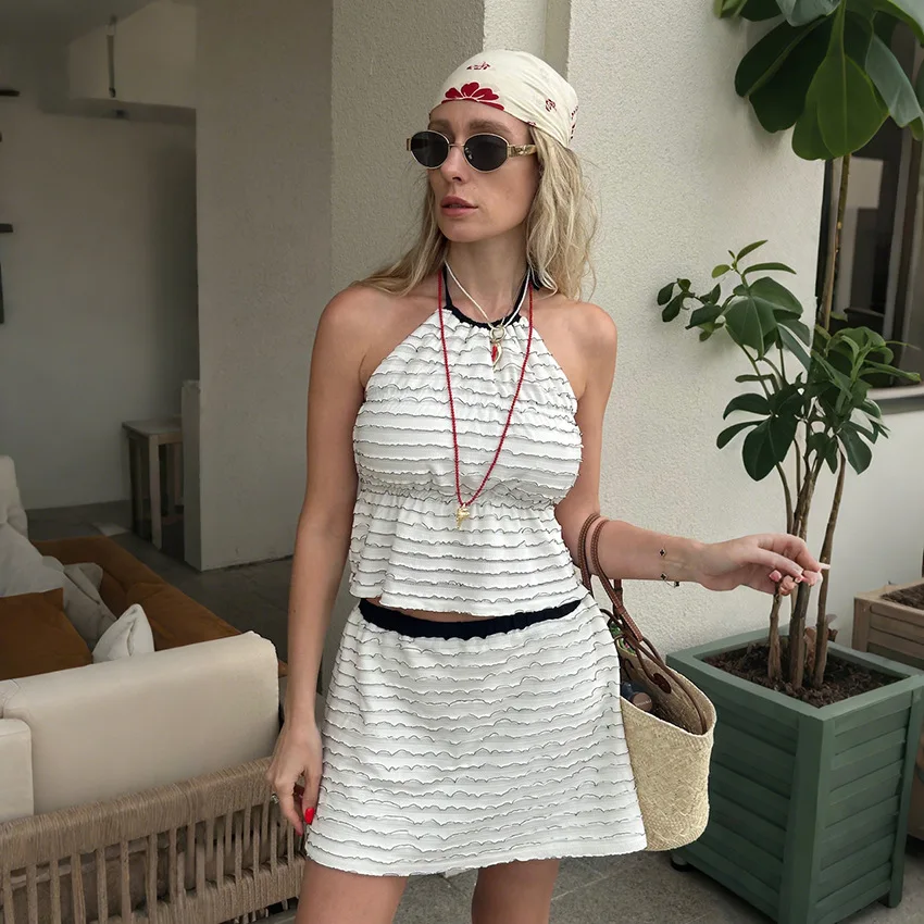 

Spring Knit Vest Skirt Suit Women Striped Jacquard Hanging Neck Lace Up Tops+high Waist Straight Mini Skirt Autumn Two Piece Set
