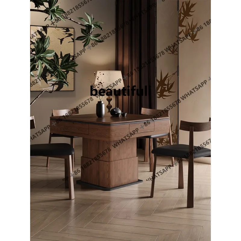 All-in-one automatic medieval solid wood household black walnut lifting mahjong table dining table