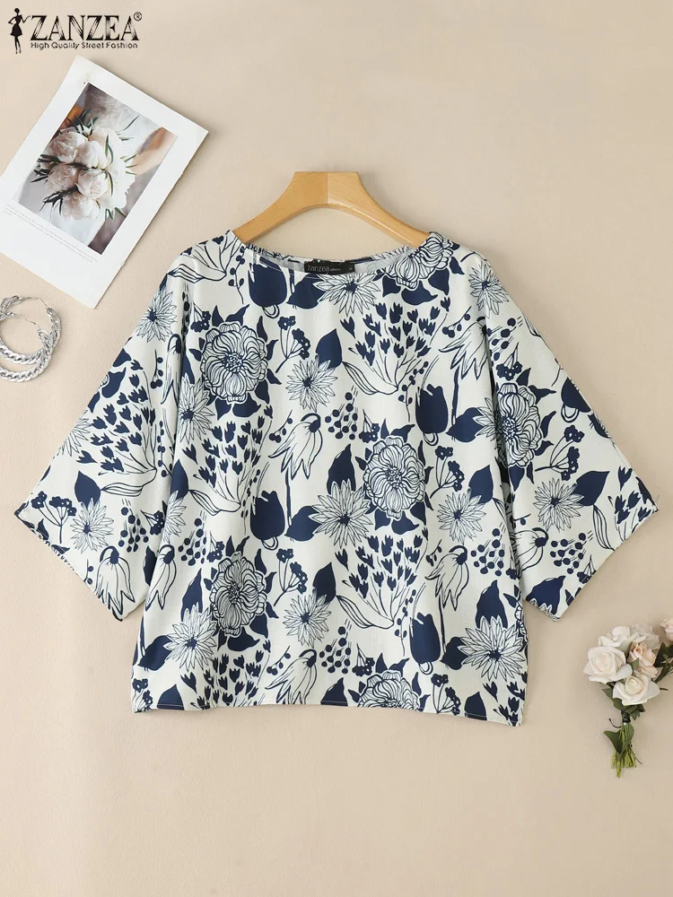 ZANZEA Mulheres Casual Moda Floral Impresso Blusas Verão O-pescoço Manga 3/4 Solta Blusas Mujer Dia Desgaste Leve Túnica Tops