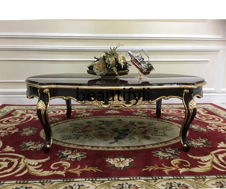 

a16 French solid wood large coffee table oval luxury carved large tea table small apartment living room