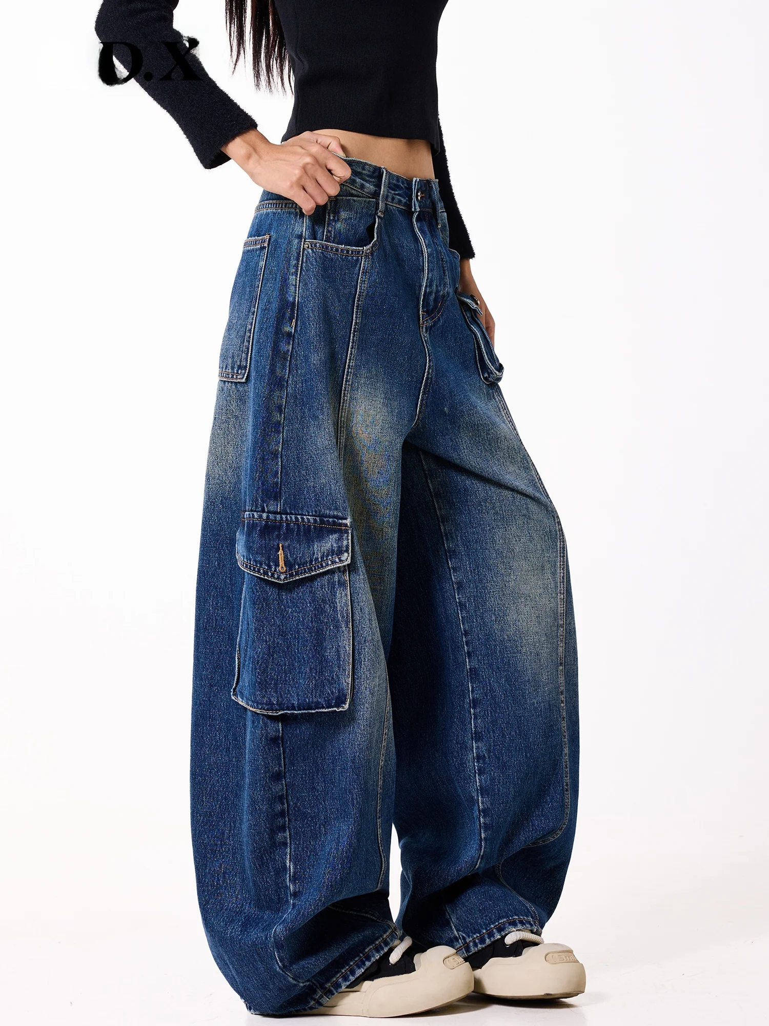 Women's Wide Leg Jeans EDX Workwear Autumn Winter Loose Fit Trousers with Multiple Pockets Vintage Washed Asymmetrical Knife