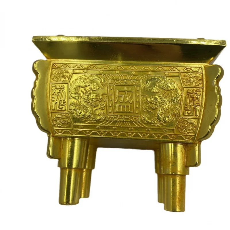 Gilt Bronze Tripod Double Dragon Sheng Ding Prosperous Millennium Square Ding Copper Incense Burner Opening Gift Craft Gift Orna