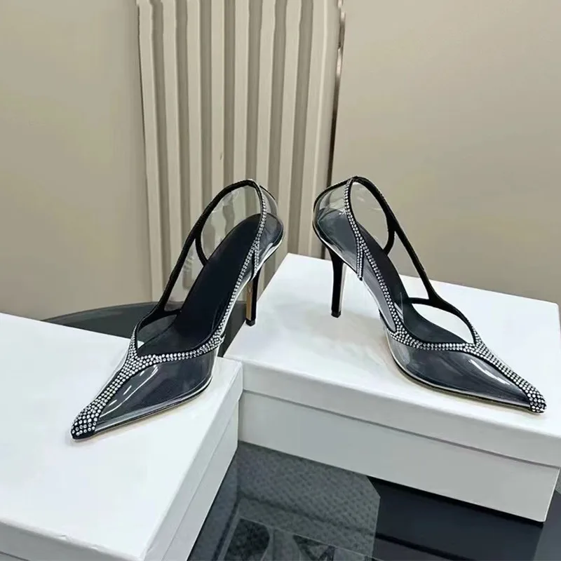 Star style Luxury Rhinestones Transparent PVC Women Pumps Elegant Pointed toe Thin High heels Crystal Wedding Bridals Shoes