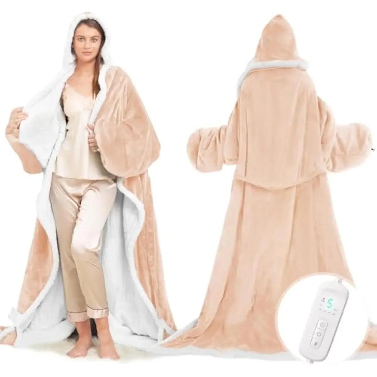 Wearable Electric Blanket with Hood Sleeves and Foot Pockets, 8-Temperature Zones 86-122°F, Adjustable 1-10 Hour Auto-Off, Dual-