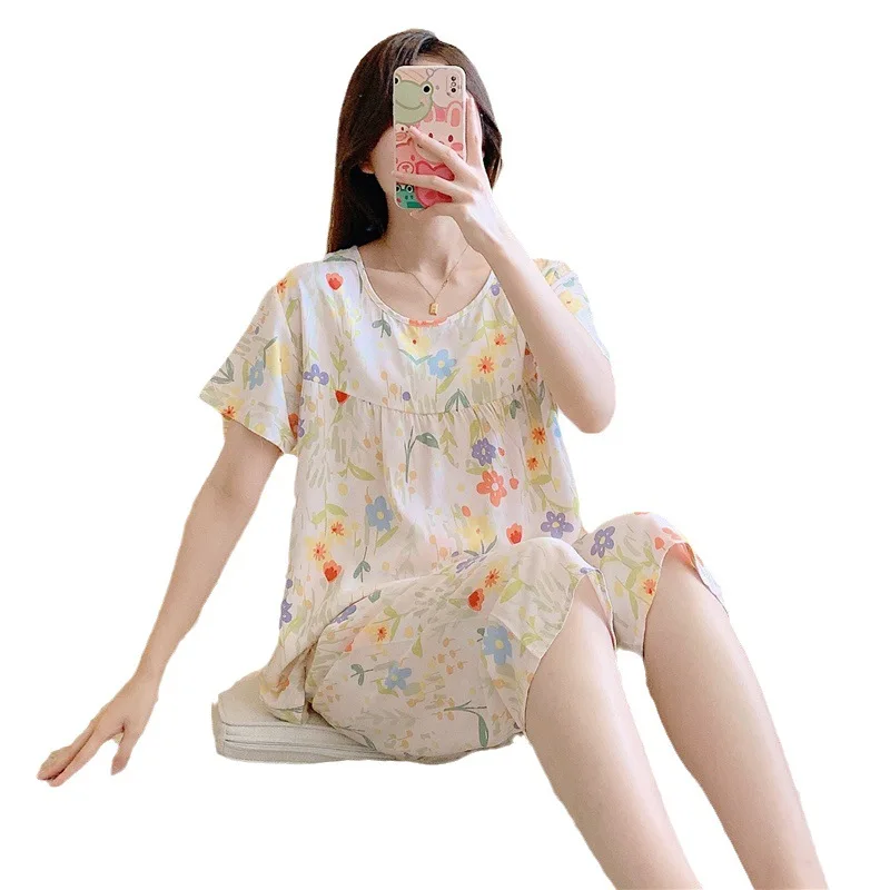 Cute Floral Print Satin Pajama Sets Ensembles 2 Piece Two Piece Pants Trouser Ruffled Lady Elegant Outfit Lounge Women Pijama