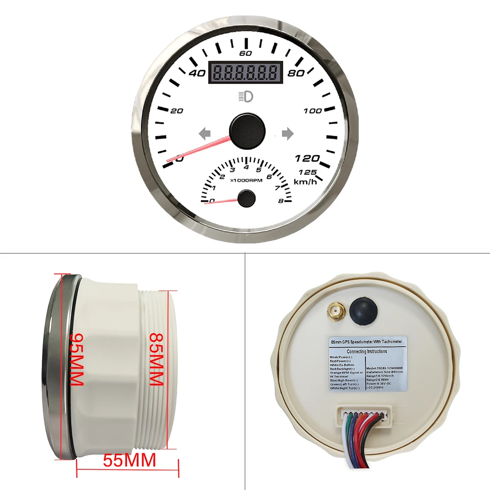 

ELING 85mm GPS Speedometer 60 km/h 125 km/h 200 km/h 125 MPH 200 MPH with Tachometer 4000RPM 8000RPM for Car Motorcycle Boats