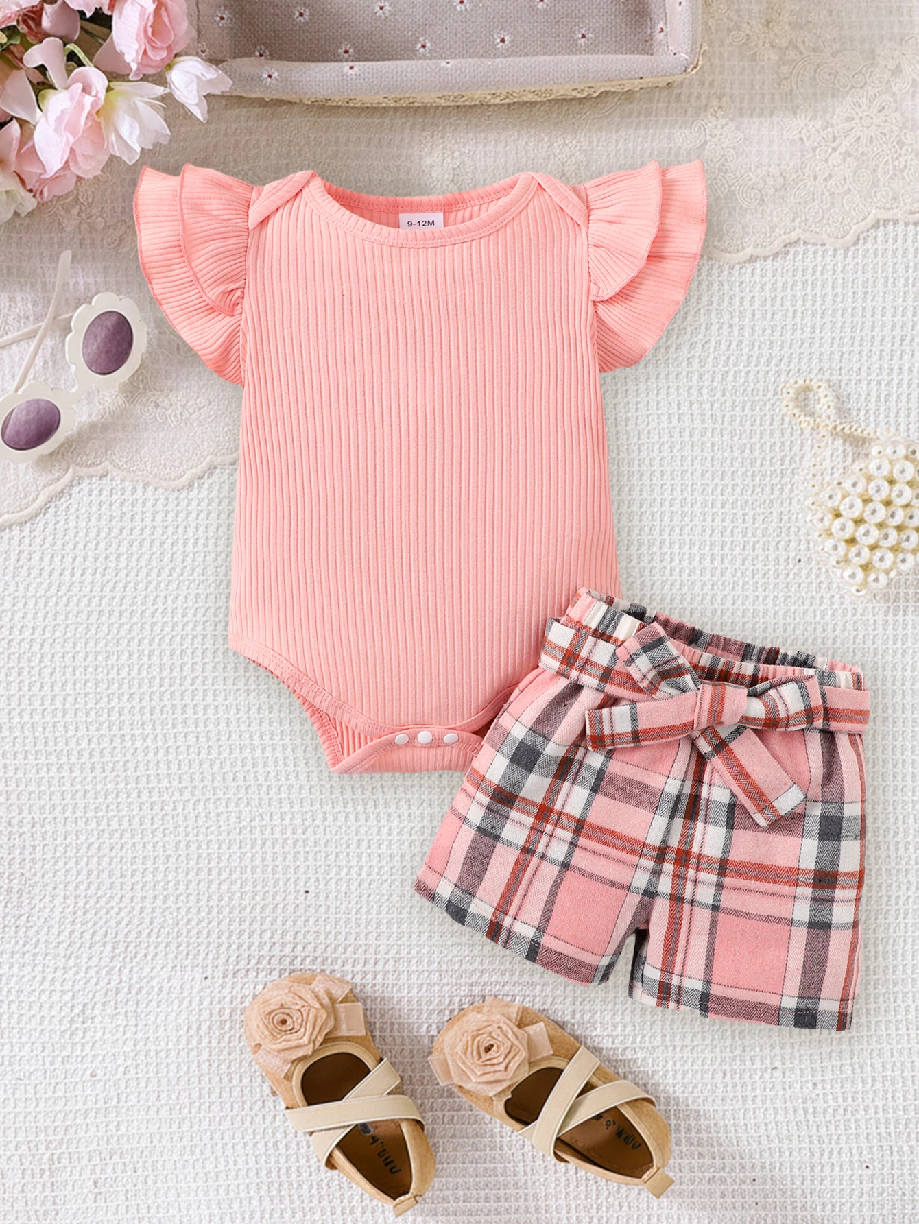 

Baby Girl's Pink Plaid Set (Feathered Belt Bottomsuit + Shorts) Sweet Casual Style Infant Clothing Ensemble