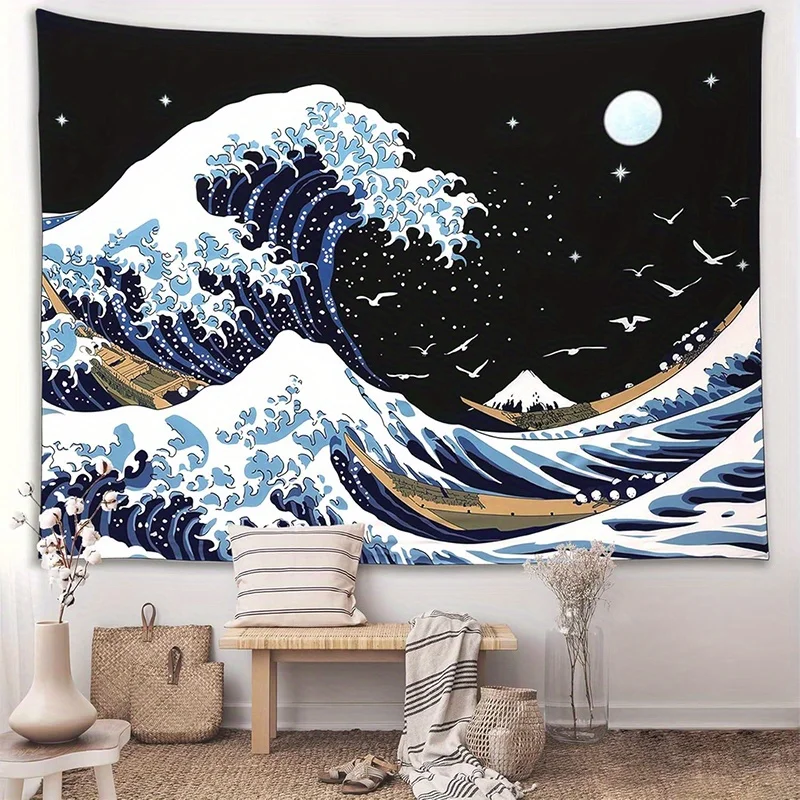 Night Wave Tapestry Background Cloth Hanging Cloth Bedroom Bedside Decorative Wall Cloth Rental Dormitory Tapestry
