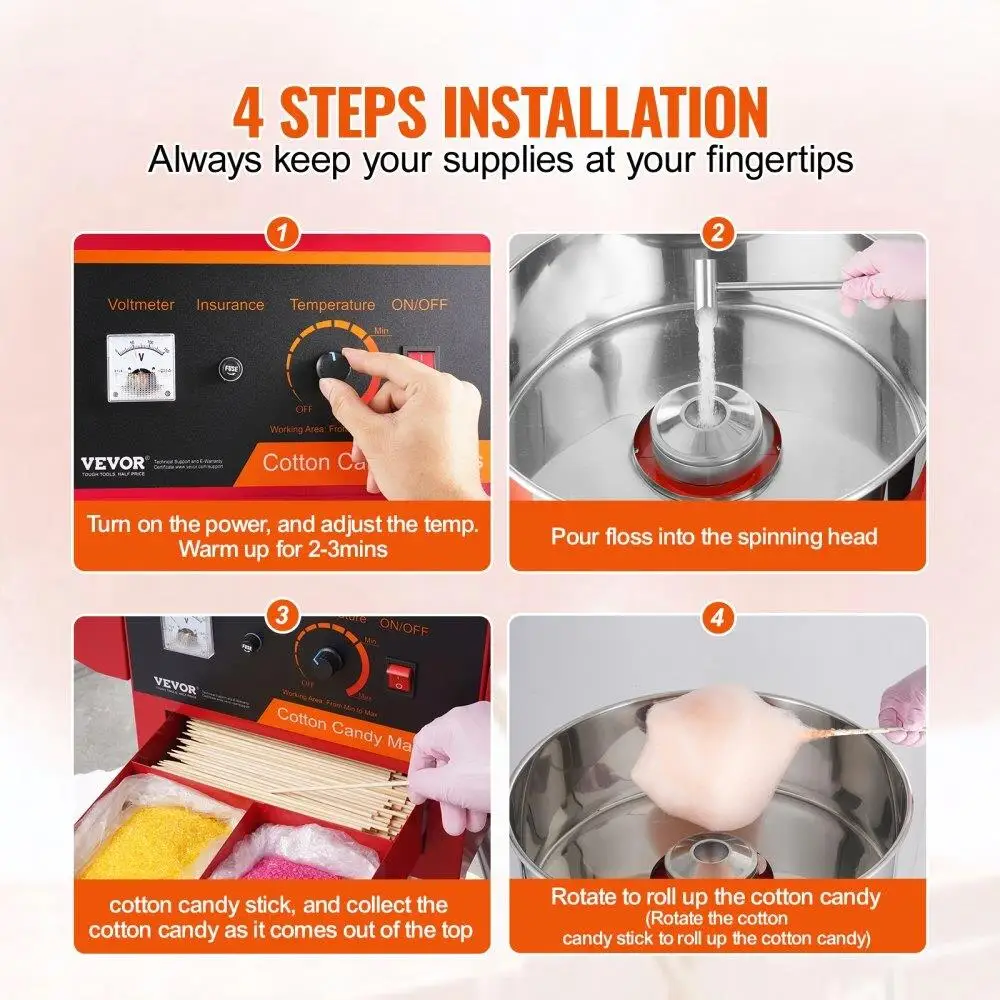 상업용 전기 솜사탕 제조기 1000W 스테인레스 스틸 그릇 설탕 국자 서랍 가정용 어린이 생일 가족 파티 레드